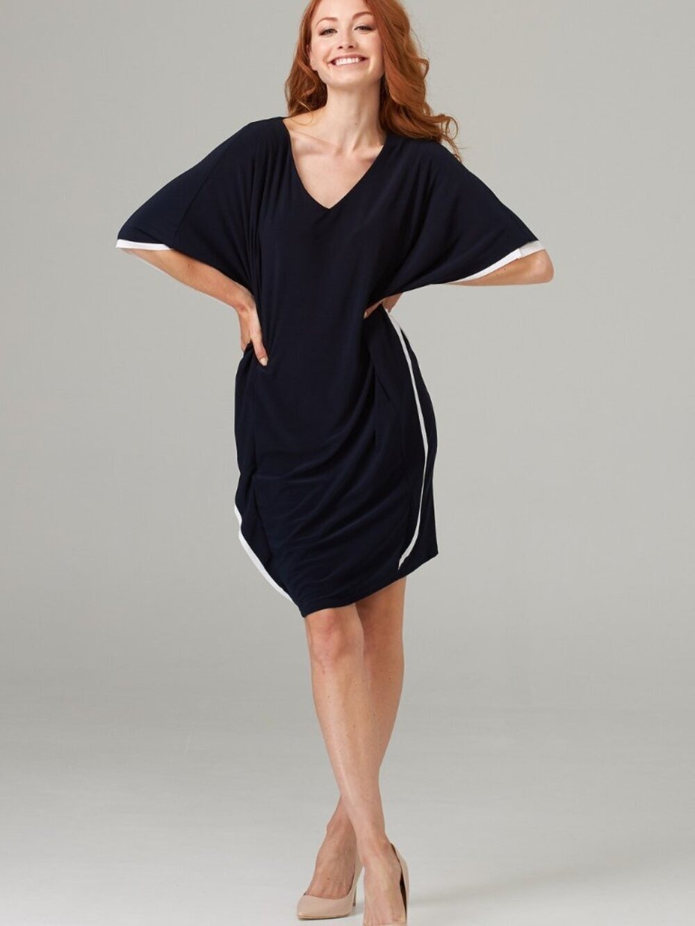Joseph Ribkoff Womens Black White V-Neck Cape Sleeve Shift Dress Size 10 Jersey